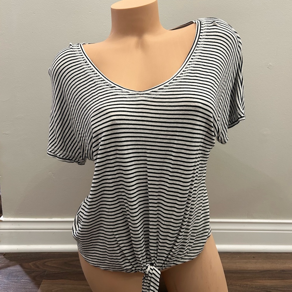 Black and White Striped Tie-Front Top